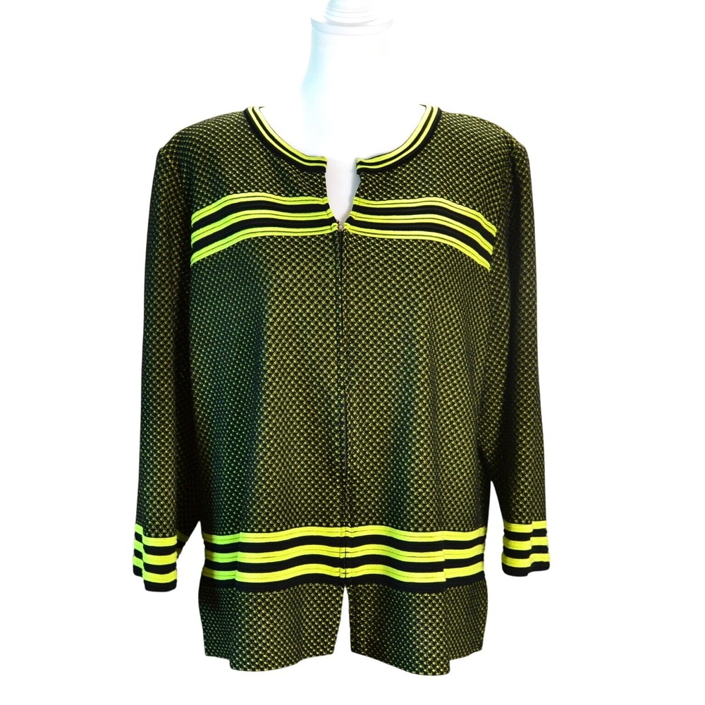 Ming Wang Zip Front Knit‎ Cardigan Work Fall Black Lime Green XL